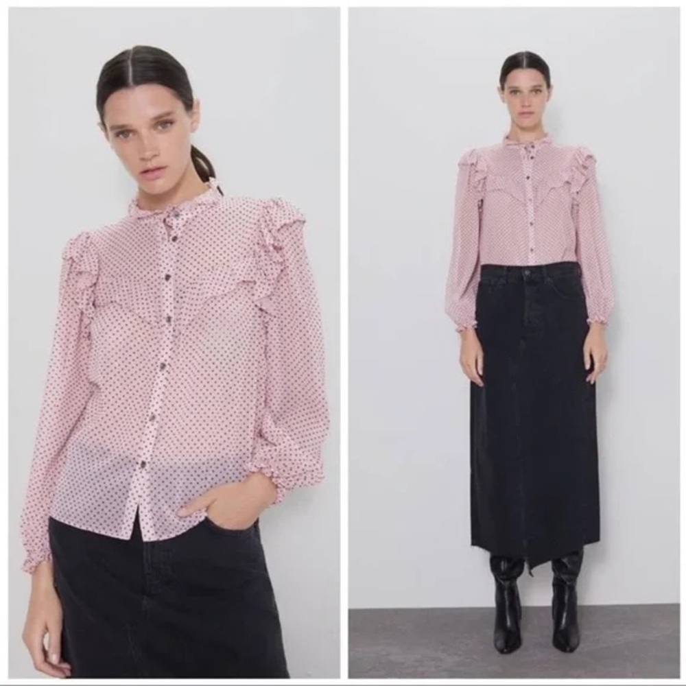 Zara Polka Dot Ruffled Button Down Blouse : Small